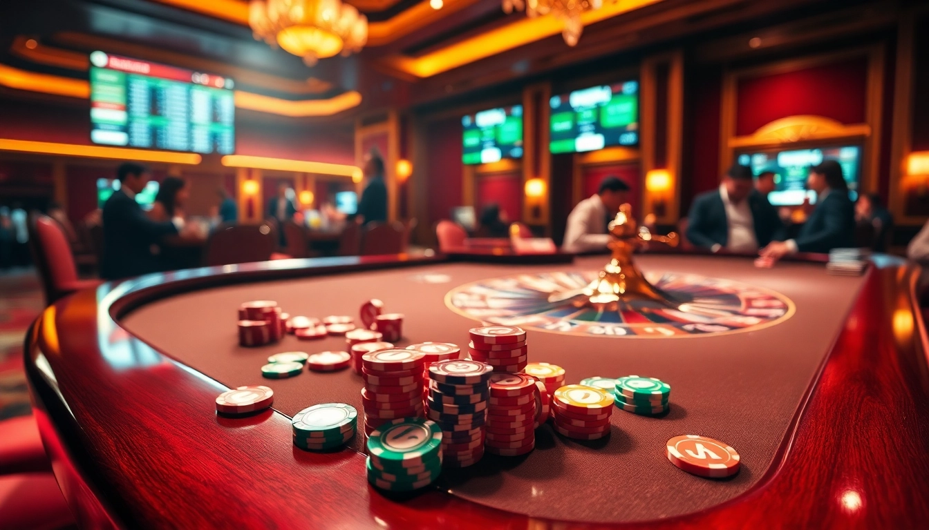 Experience the excitement of high-stakes gaming at lc88.my with vibrant poker chips and a spinning roulette wheel.