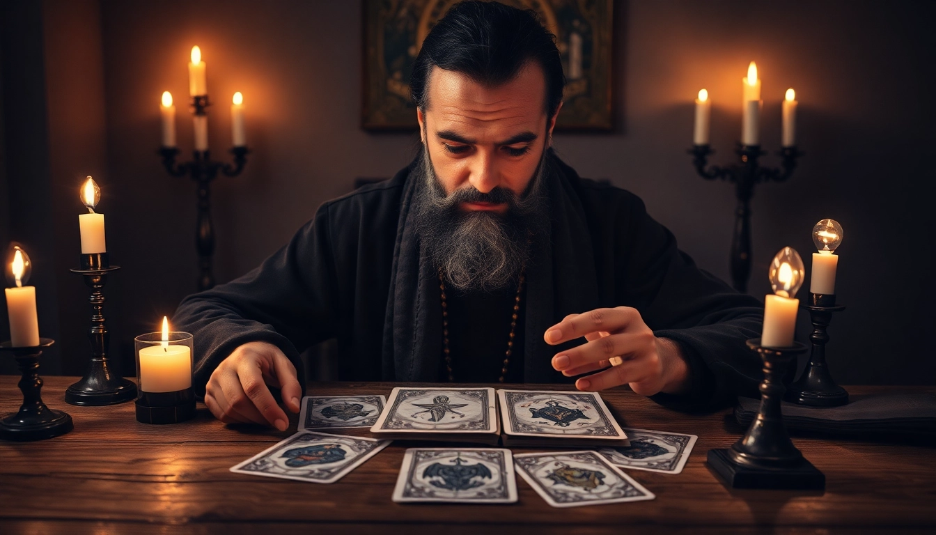 Voyant marabout médium en consultation dans une ambiance mystique avec cartes de tarot.