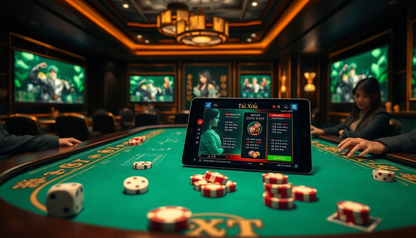 Tài xỉu md5 players enjoying a thrilling game at a luxurious casino table with vibrant colorful chips and digital screens.