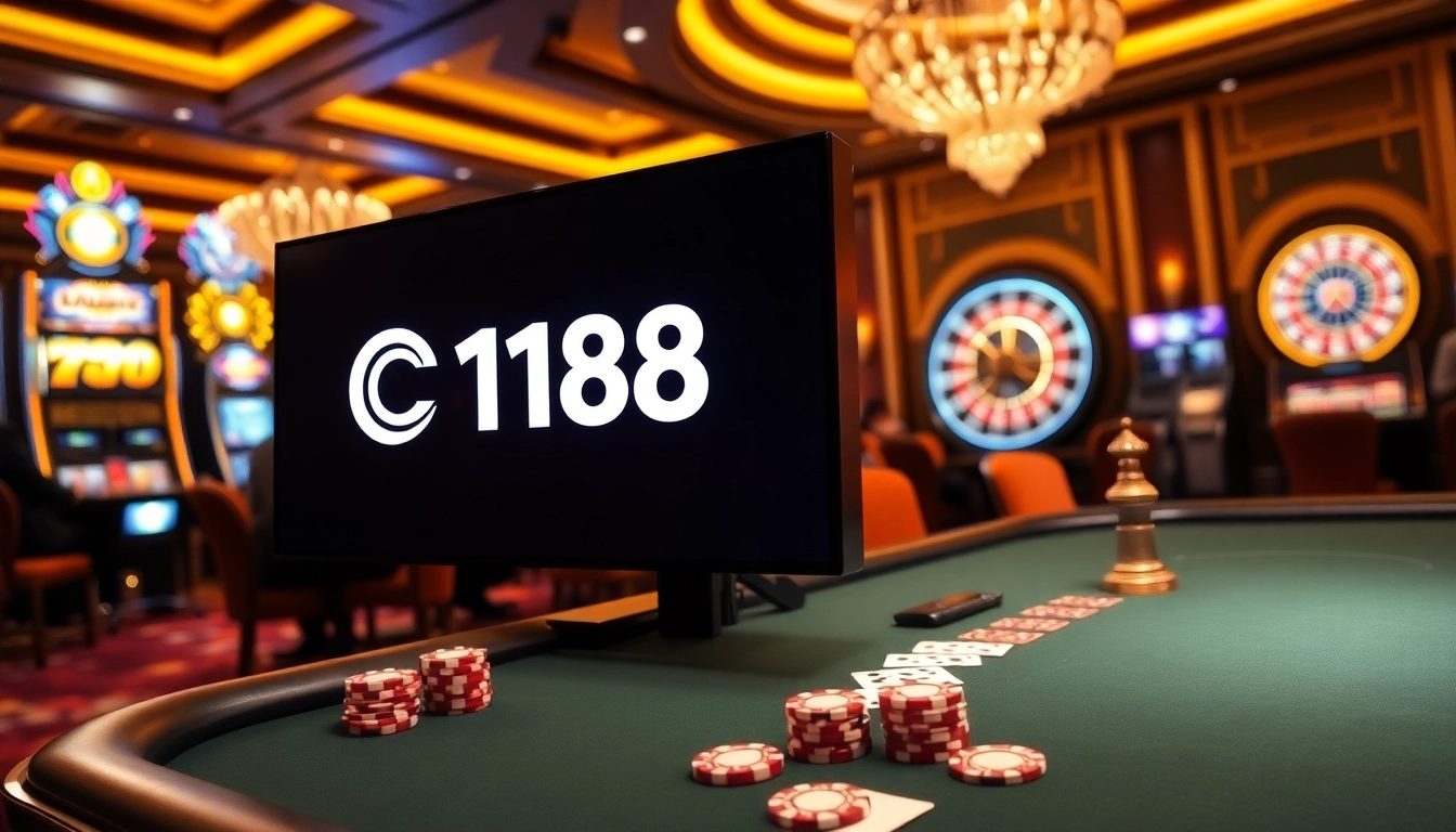 Players engage at C168's poker table under warm lighting, surrounded by vibrant slot machines.