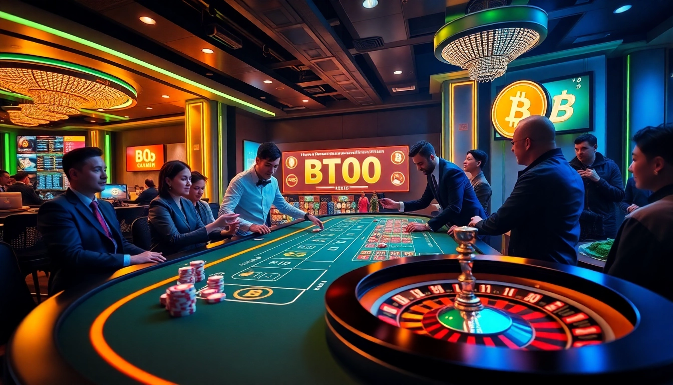 Exciting players engaging at Bitcoin casinos with vibrant displays of poker chips and cards.