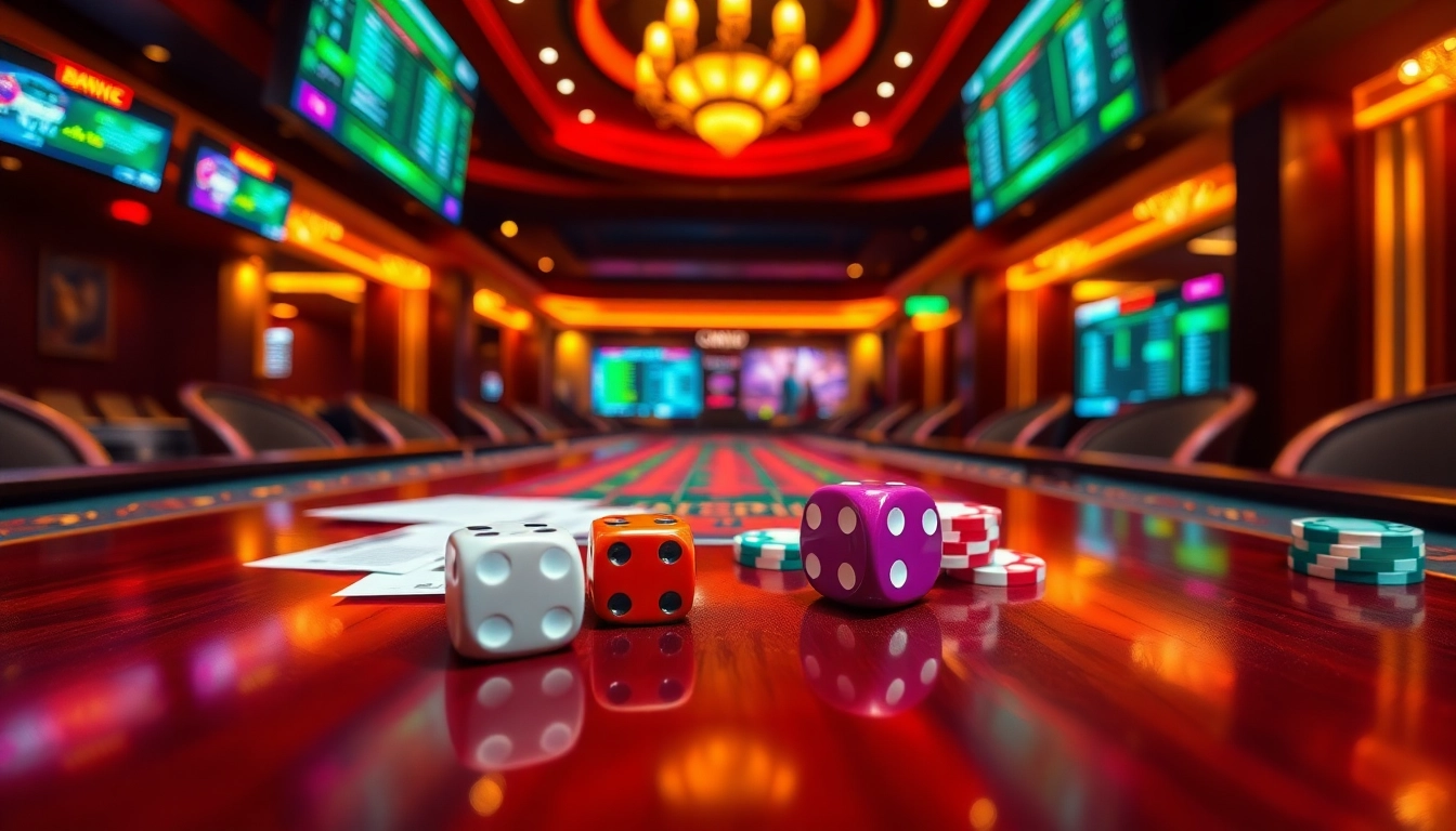 Experience tai xiu online at a luxurious casino table with colorful dice and betting slips.