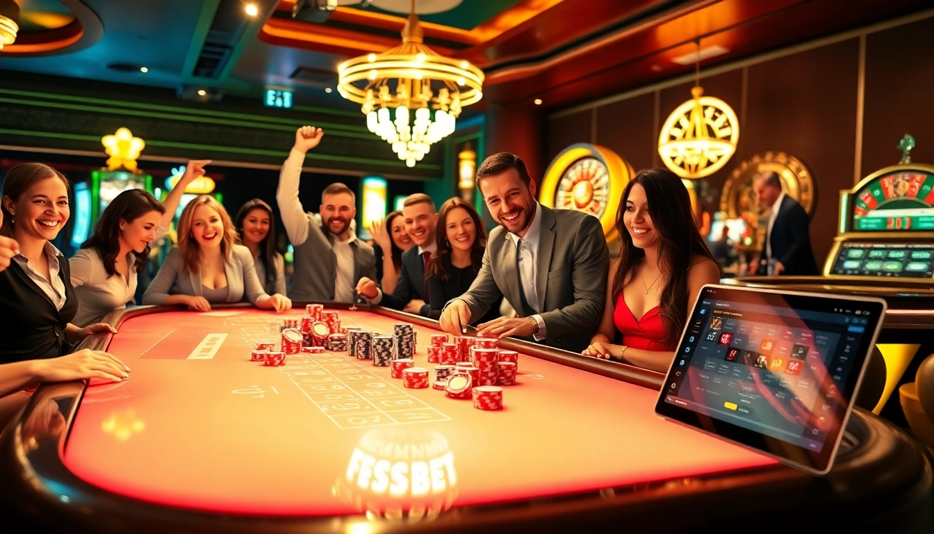 Exciting online gambling scene showcasing FSBET with casino tables, chips, and players.
