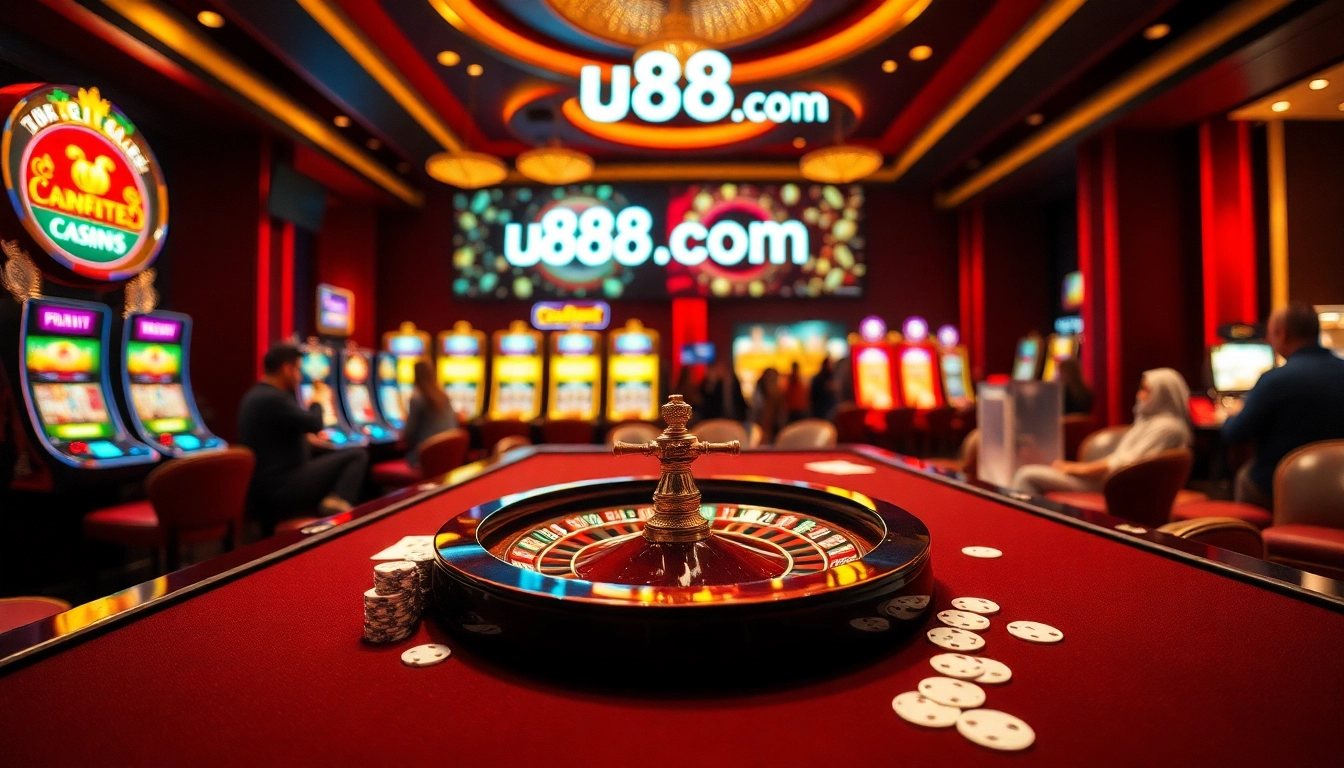 Experience the thrill of u888 com with poker chips and roulette in a luxurious casino layout.