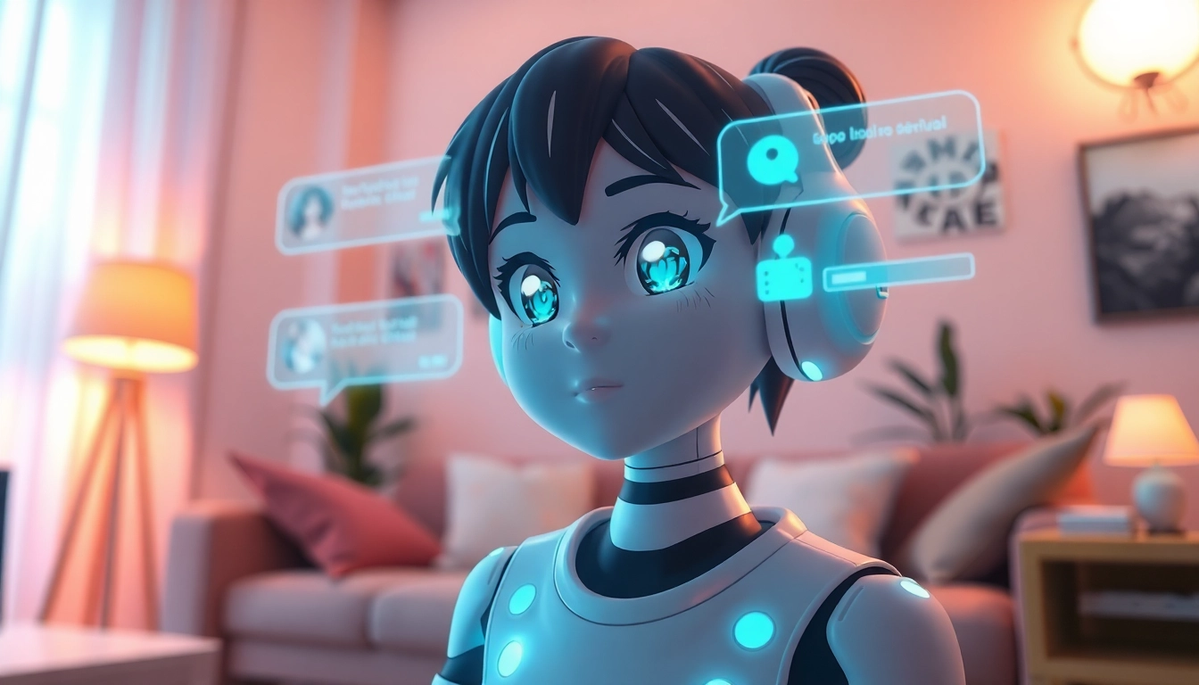 Interactive scene showcasing ai nsfw chat with a vibrant, anime-styled character in a cozy setting.
