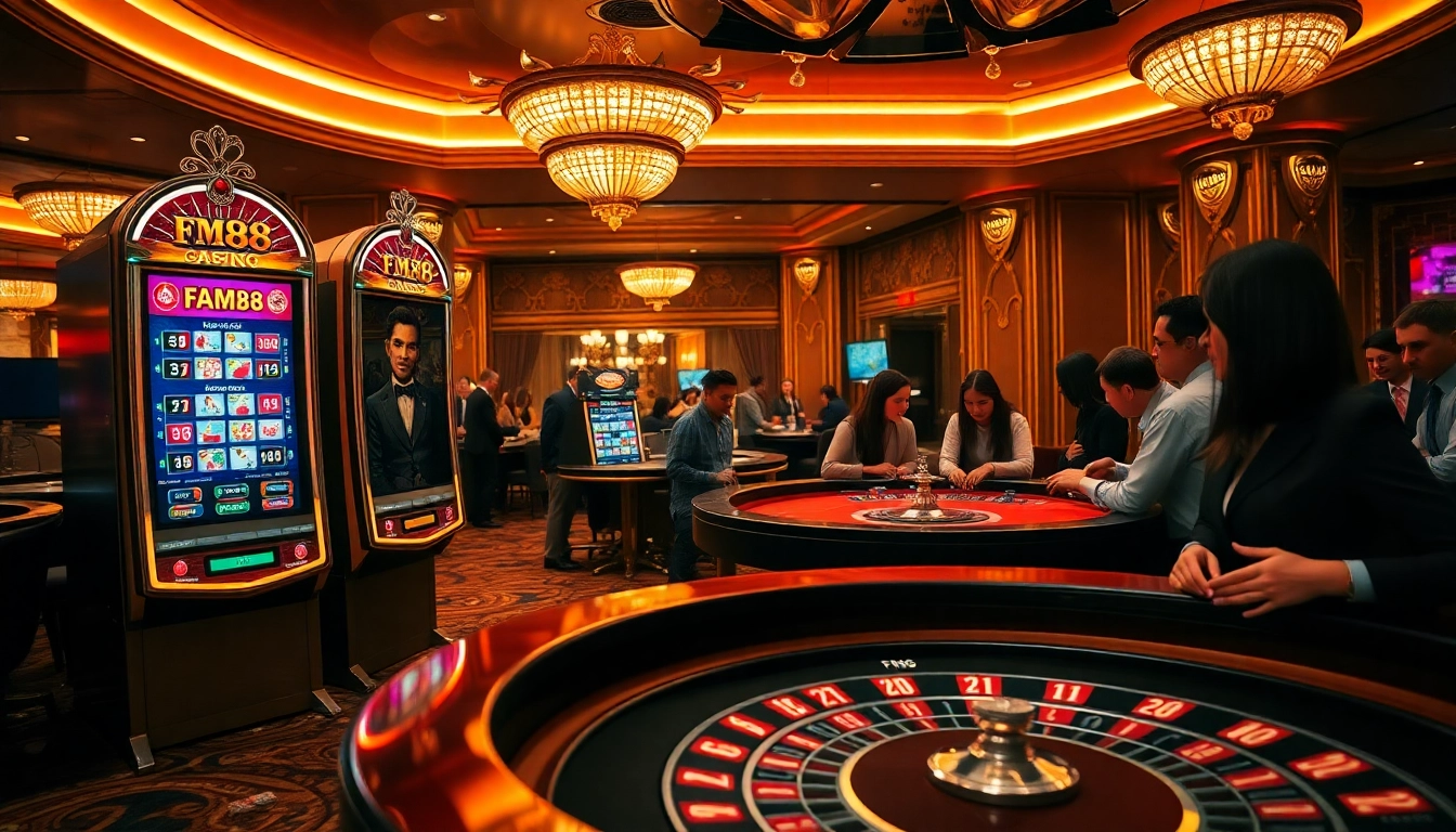 FM88 slot machine amidst an exciting casino scene filled with players and gaming action.