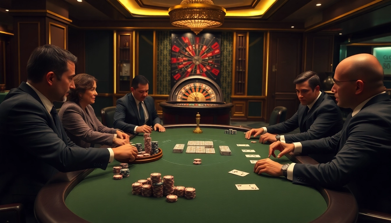 Players strategizing around a poker table with chips and cards in a luxurious casino setting featuring elements of 6789.