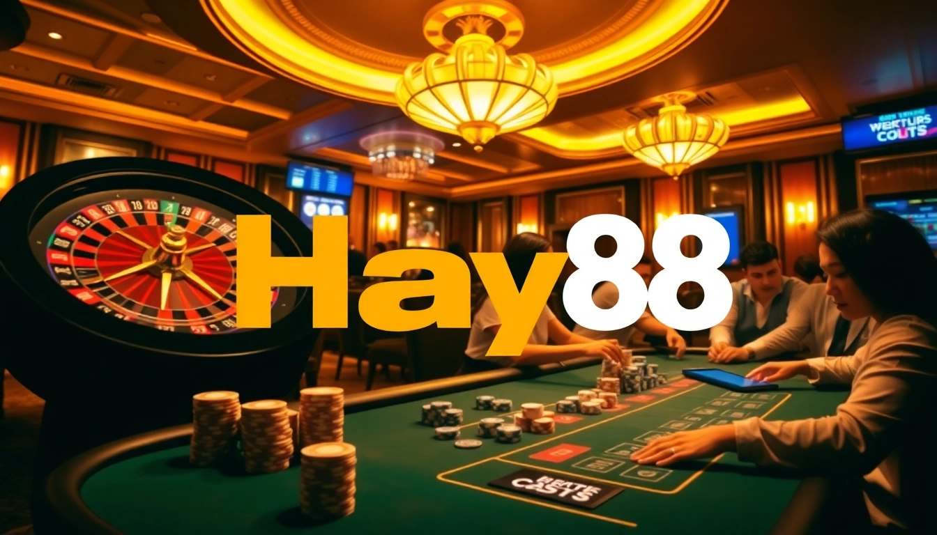 Players enjoying a thrilling game at Hay88 casino with vibrant poker chips and roulette.