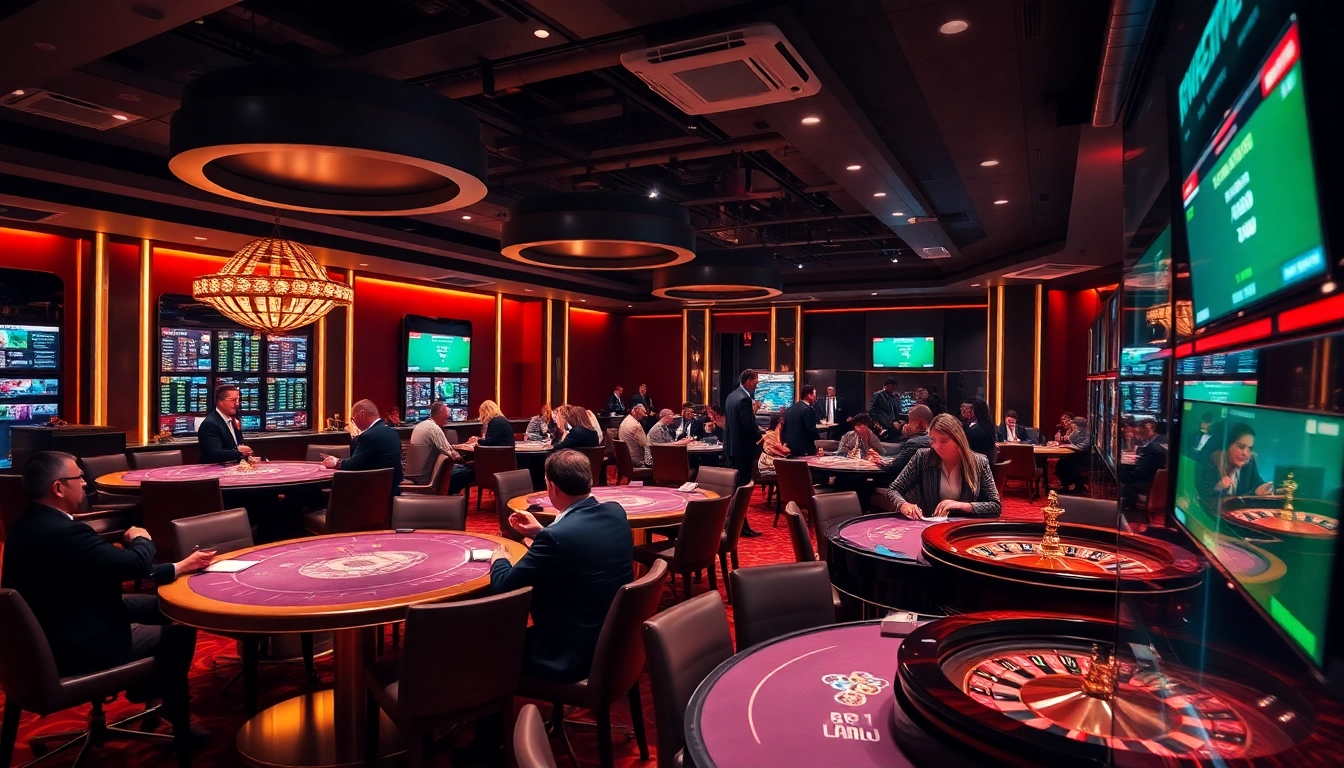 Parieurs interagissant avec les meilleurs sites de paris sportifs dans un cadre de casino luxueux.