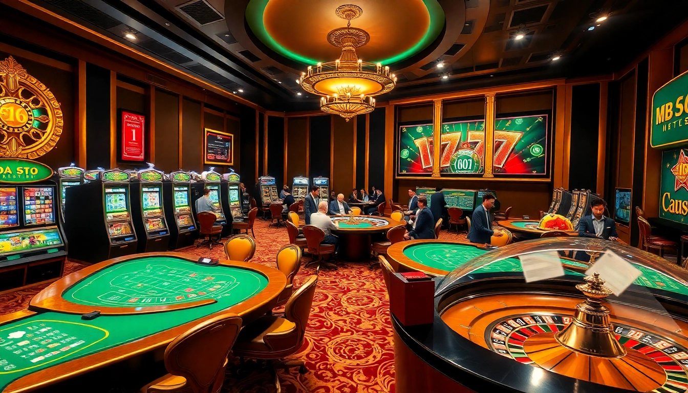 Players engaging in thrilling casino action at MB66, enjoying poker and slot machines.