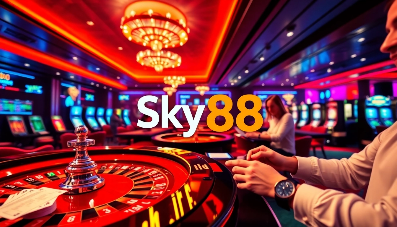 Experience thrilling gaming at Sky88 with vibrant casino tables and excited players.