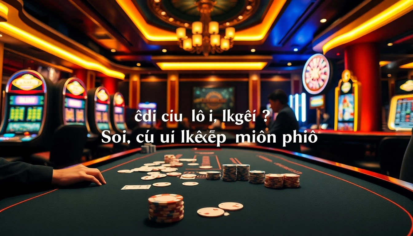 Soi cầu lô kép miễn phí showcased in a luxurious casino setting with players, cards, and roulette.