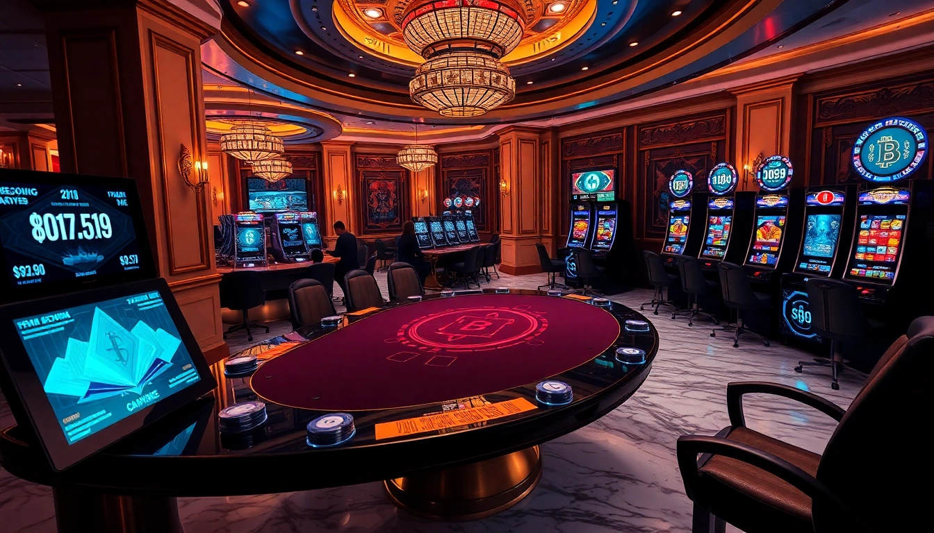 Engaging scene at a casino crypto table with illuminated chips and digital screens.