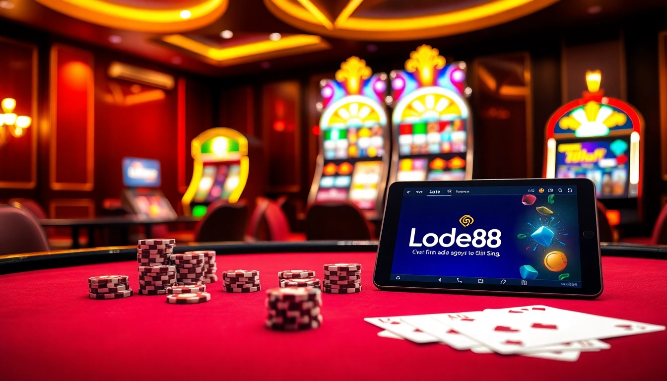 Lode88 casino scene featuring a poker table and vibrant slot machines, embodying excitement.