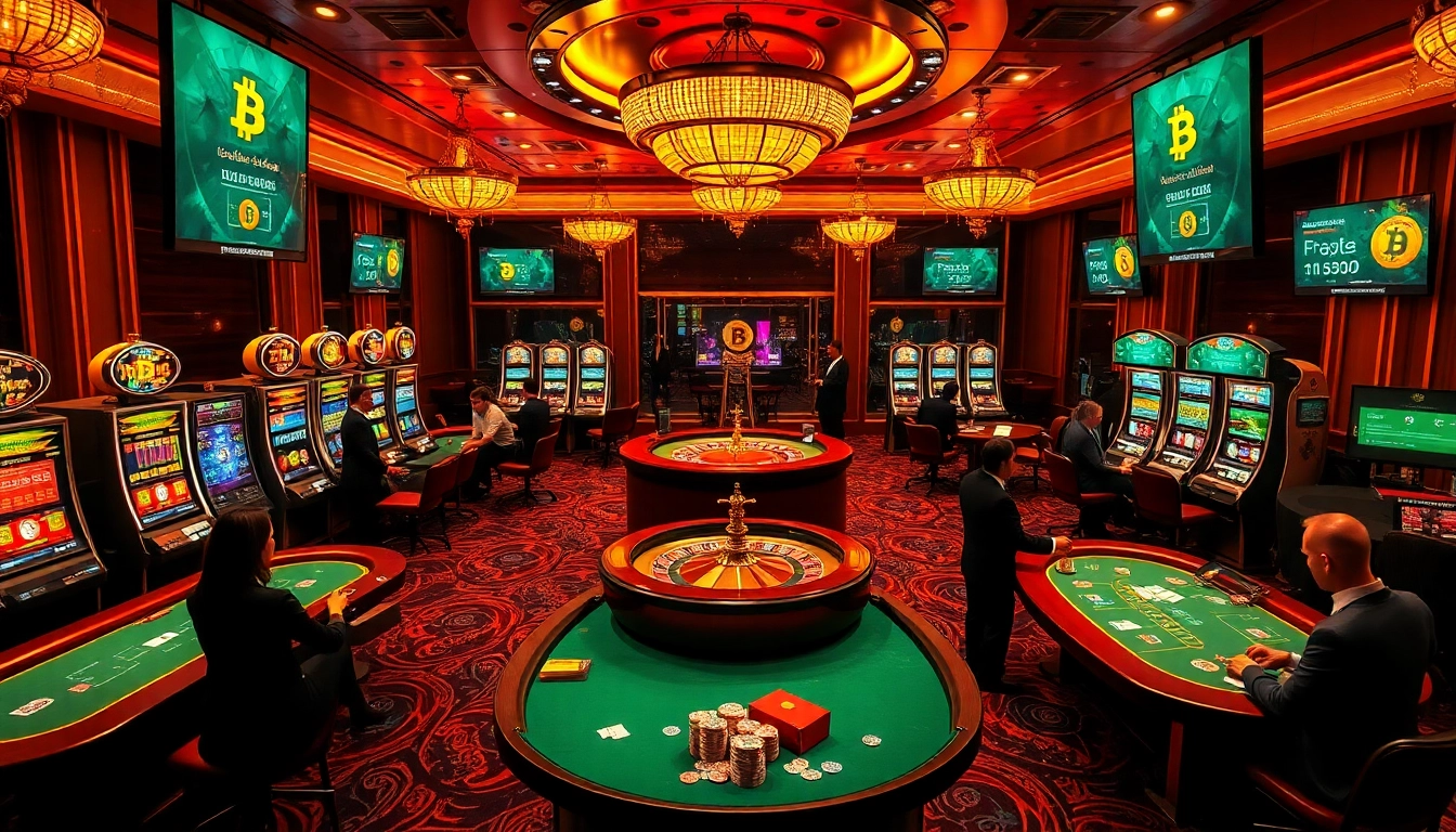Experience the excitement of Bitcoin casinos with vibrant gaming tables and illuminated slot machines.