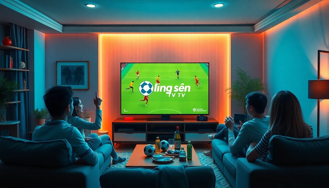 Exciting scene of friends cheering while watching lương sơn tv football match in a cozy living room.