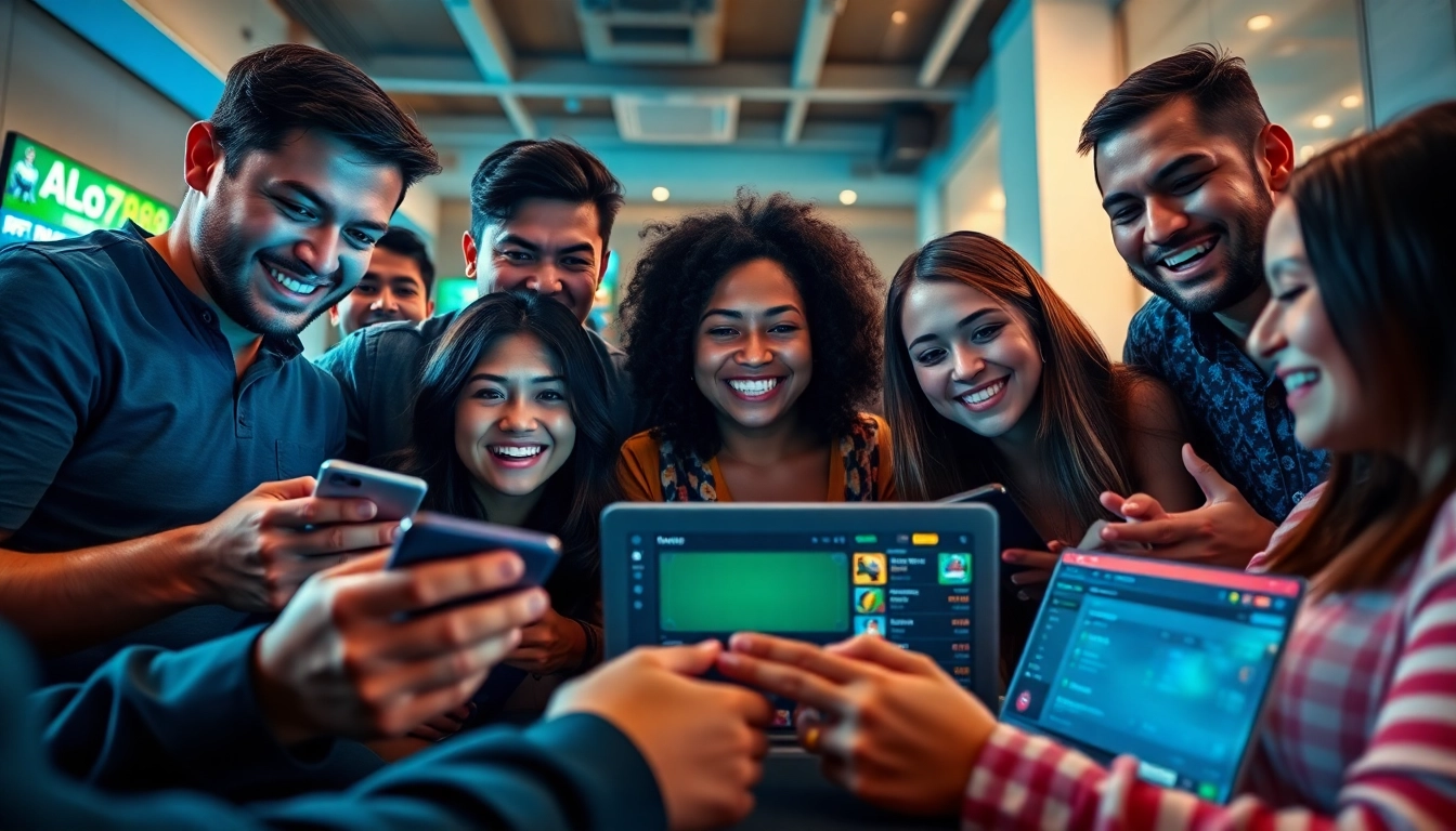 Alo789 enthusiasts engaging in online betting with vivid screens and lively expressions.