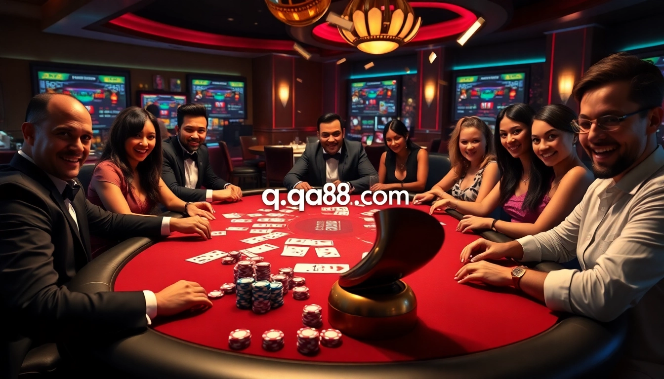 Players enjoying a thrilling poker game at qq88.co.com casino, showcasing vibrant poker chips and cards.