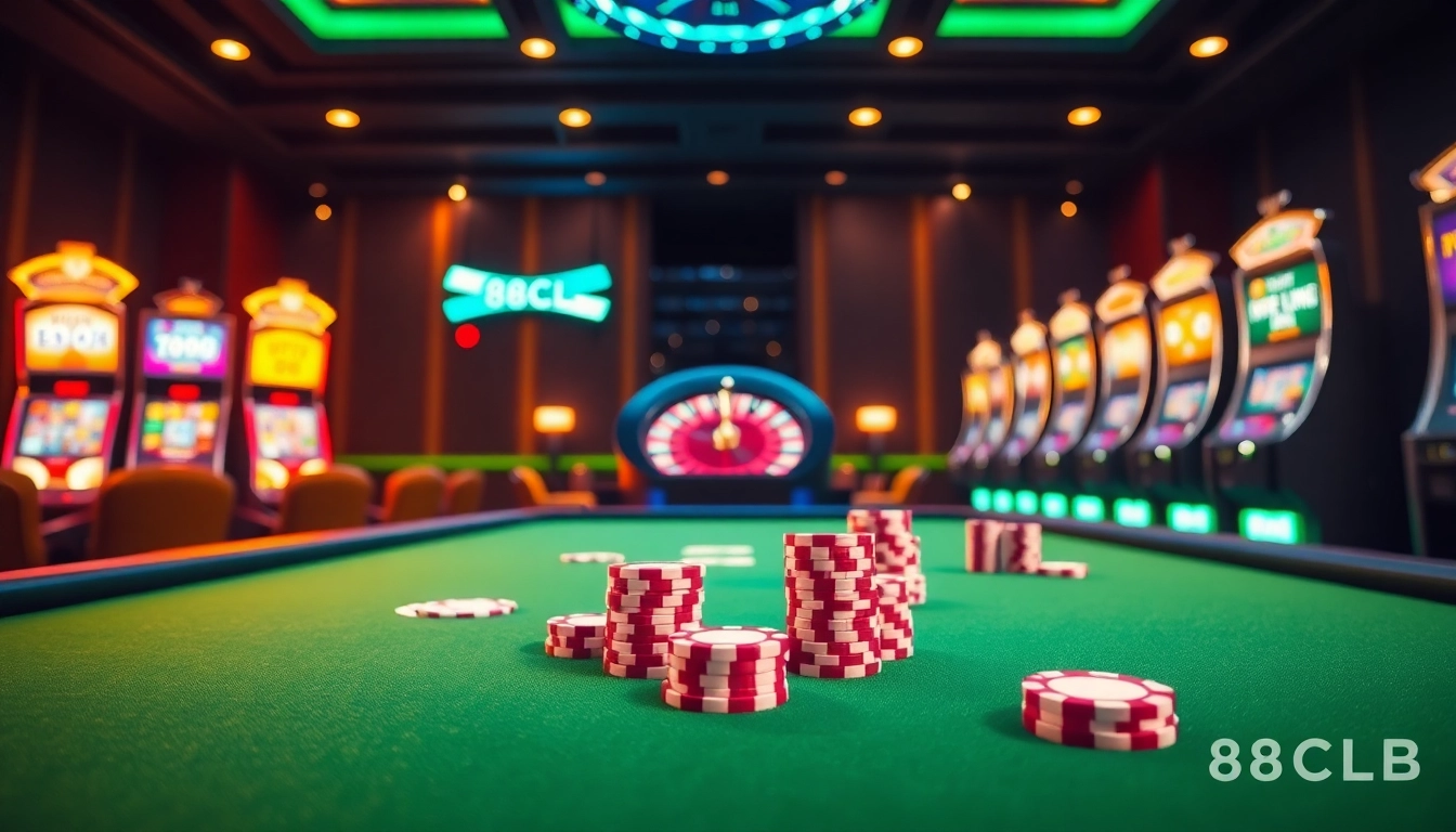 Experience the excitement of 88CLB at a high-stakes poker table surrounded by vibrant gambling elements.
