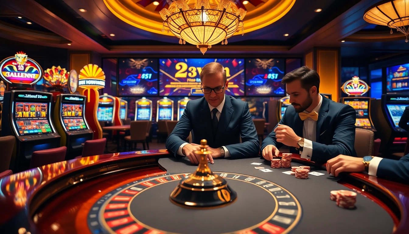 Experience the thrill of high-stakes gaming at 23win casino with luxurious roulette and poker tables.