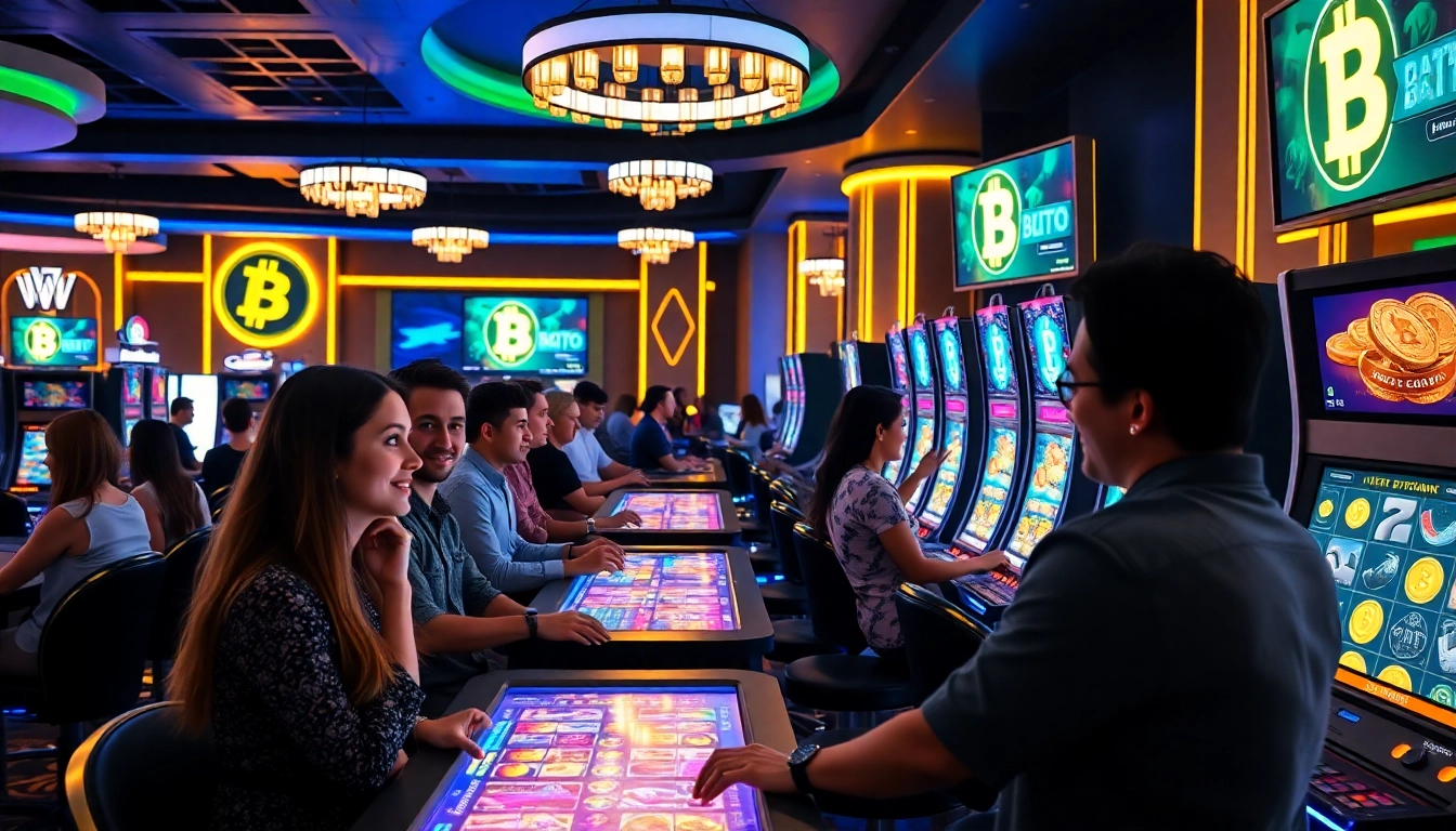 Les joueurs s'amusent dans un casino Bitcoin moderne avec des jeux lumineux et des machines à sous.