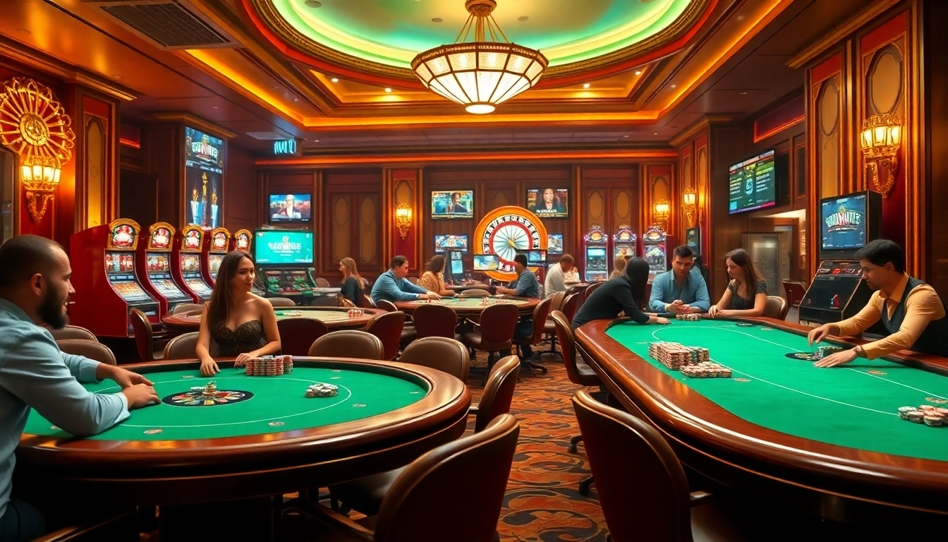 Experience exhilarating gambling moments at rik vip's classy casino, featuring poker tables and vibrant slot machines.