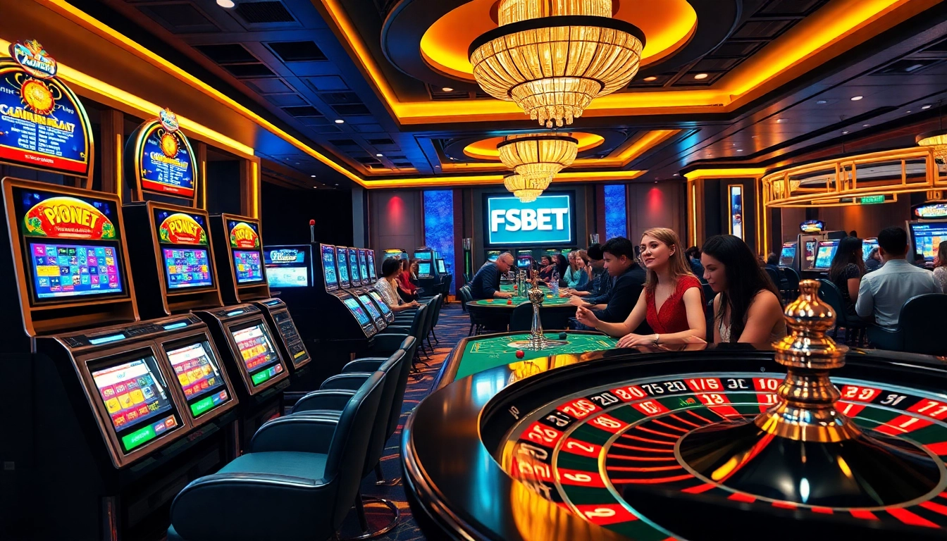 Players enjoy a thrilling casino atmosphere at FSBET, with vibrant slot machines and exciting betting tables.