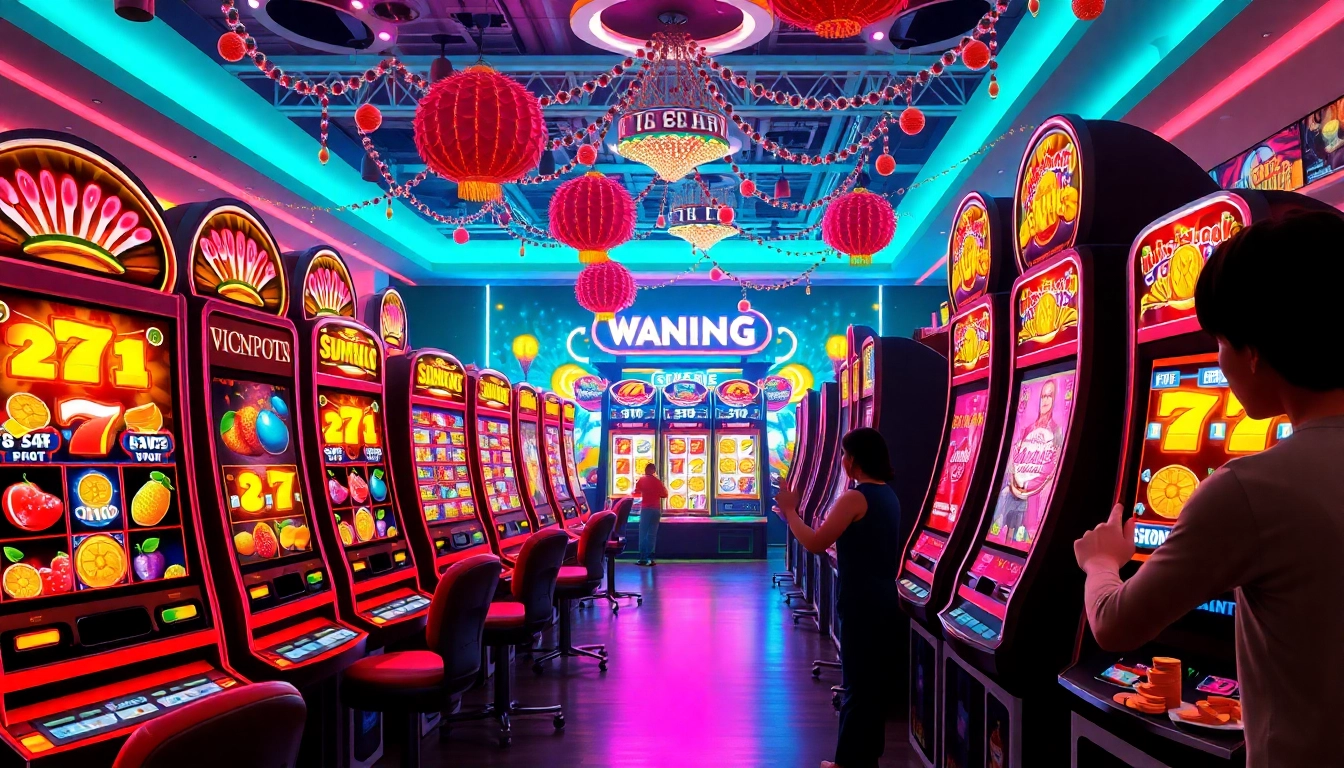 Jouez aux machines à sous en ligne en argent réel dans un casino animé avec des graphismes colorés.