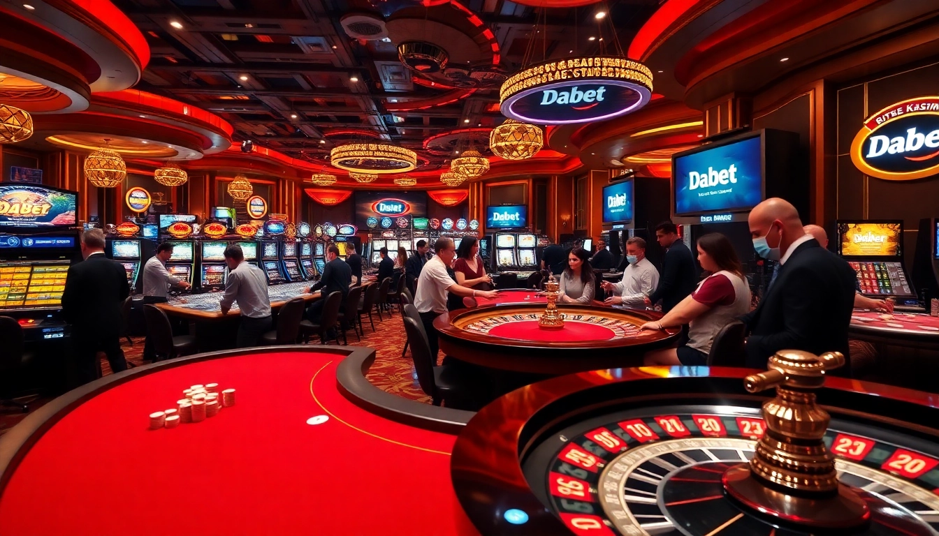 Dabet's lively casino atmosphere featuring intense poker action and an inviting roulette wheel.