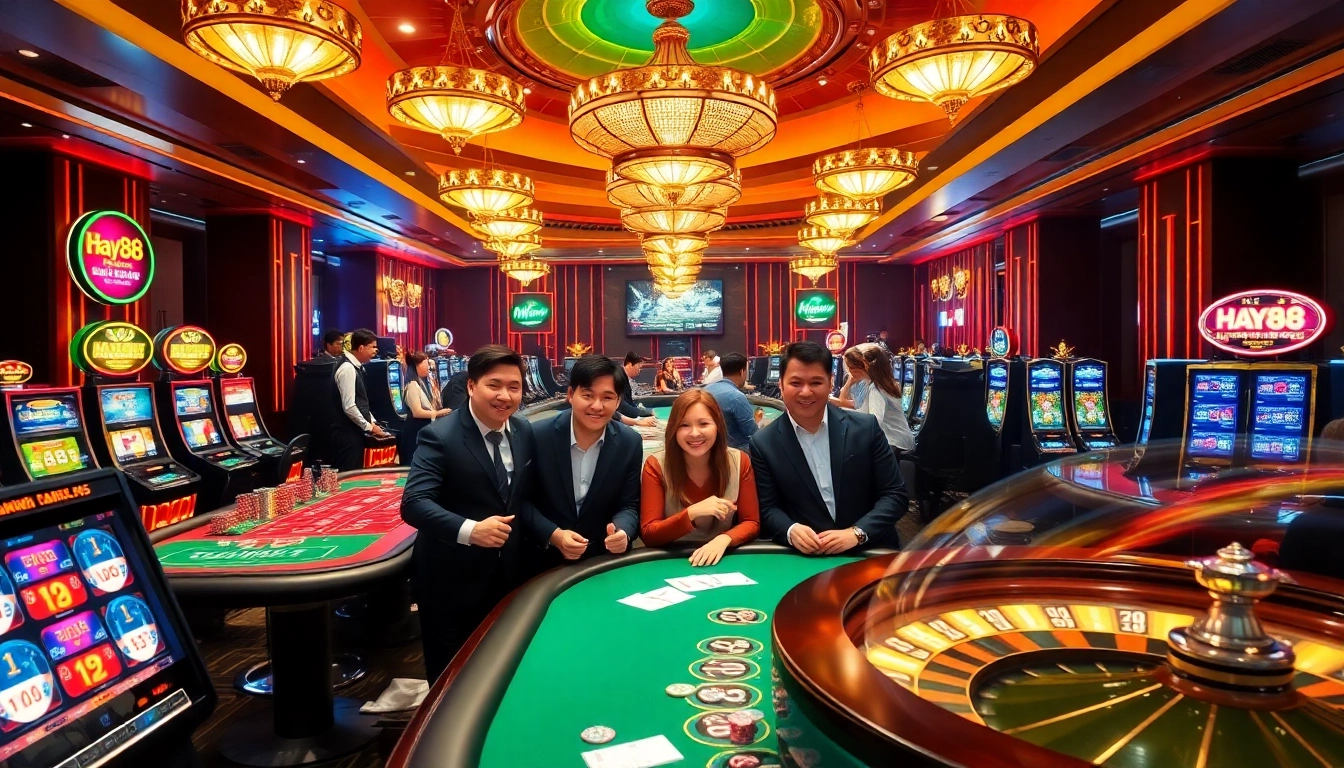 Players celebrating wins at Hay88 casino tables with colorful chips and slot machines.