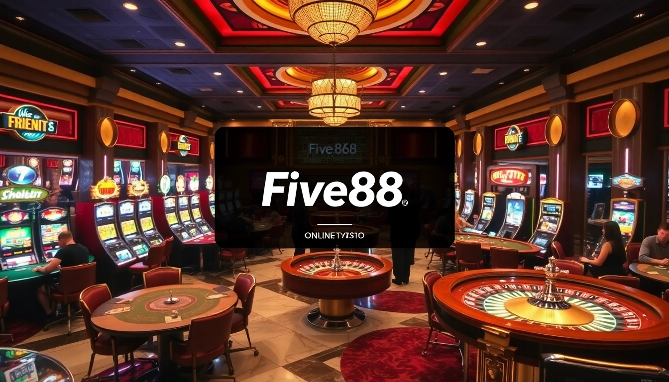 Experience the excitement at Five88 with vibrant casino tables and slot machines.