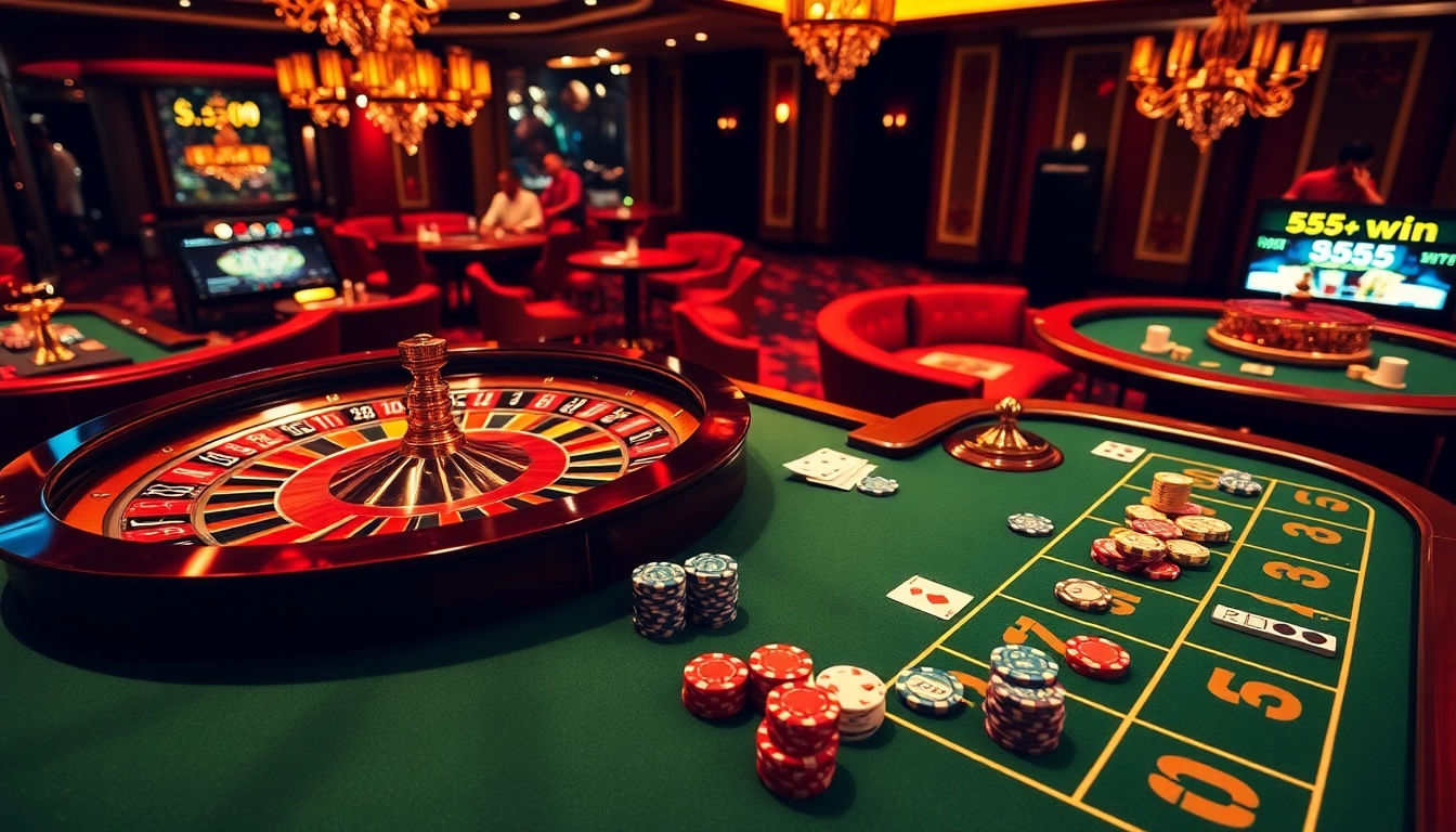 Experience the thrill of winning with a lively casino scene showcasing 555 win on a roulette wheel and poker table.