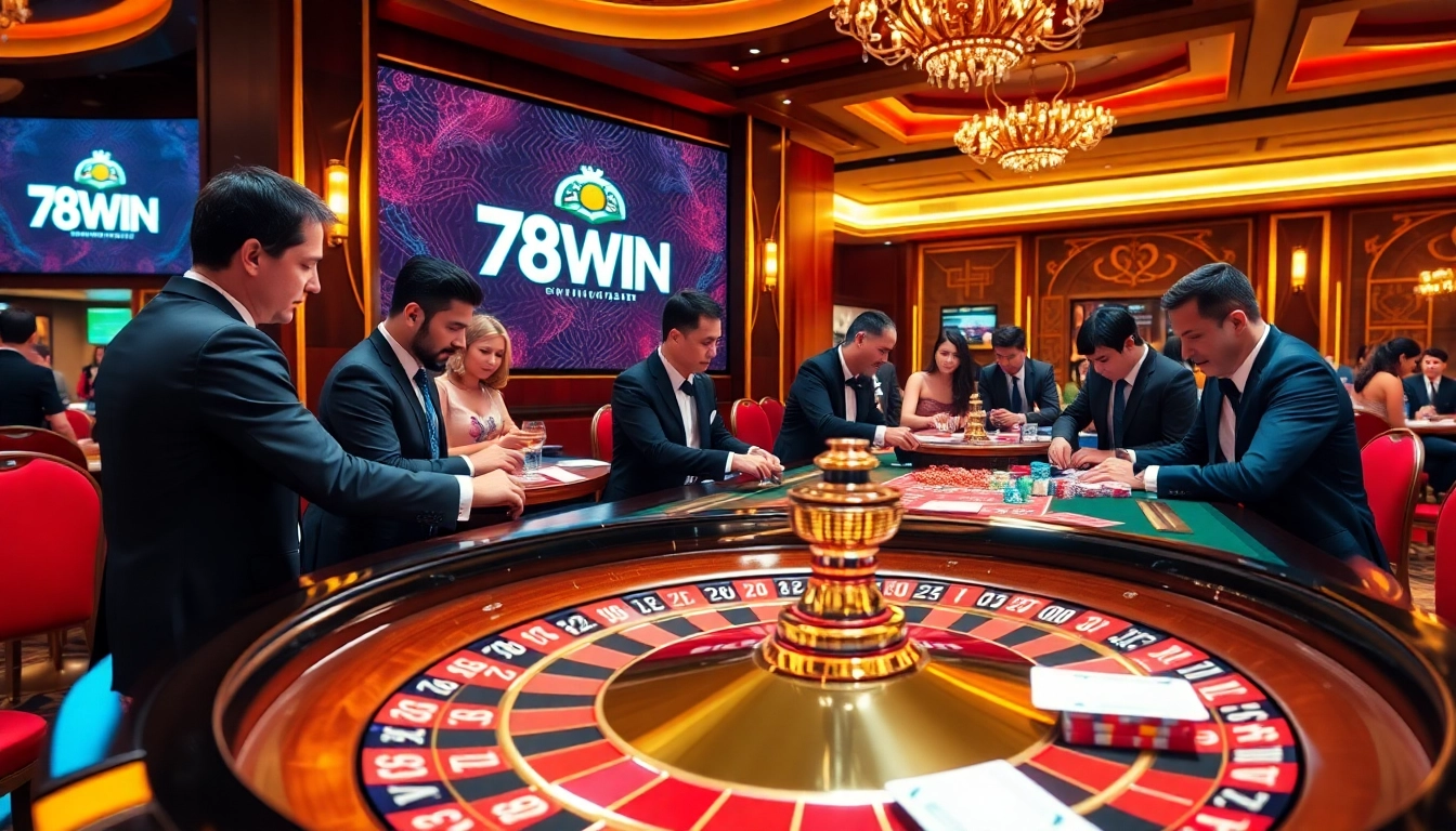 Players enjoying a thrilling game at the 78WIN roulette table in a luxurious casino setting.
