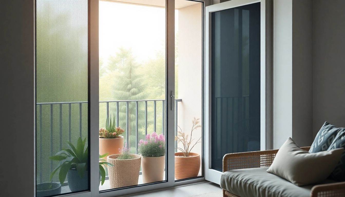Moskitiery na drzwi balkonowe z delikatnym materiałem w nowoczesnym otoczeniu balkonu.