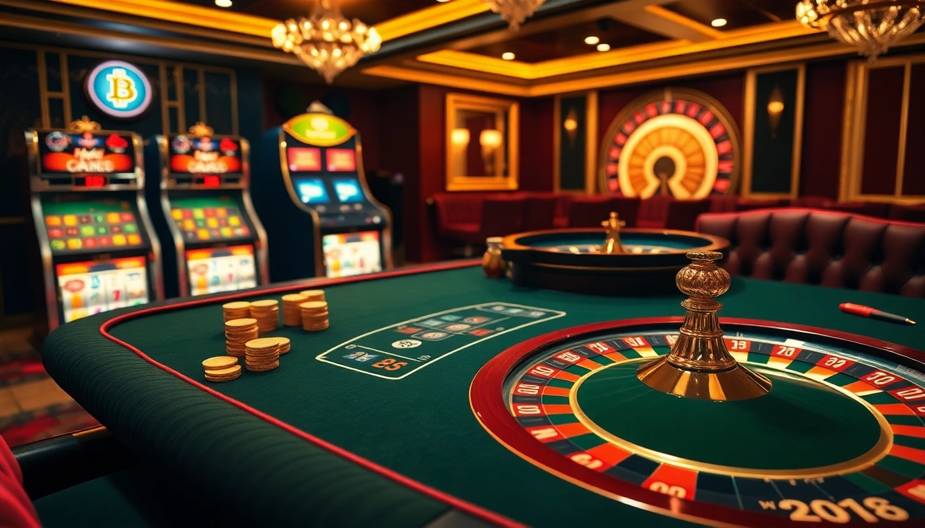 Exciting gameplay at Bitcoin casinos featuring vibrant slot machines, poker chips, and luxurious gaming tables.