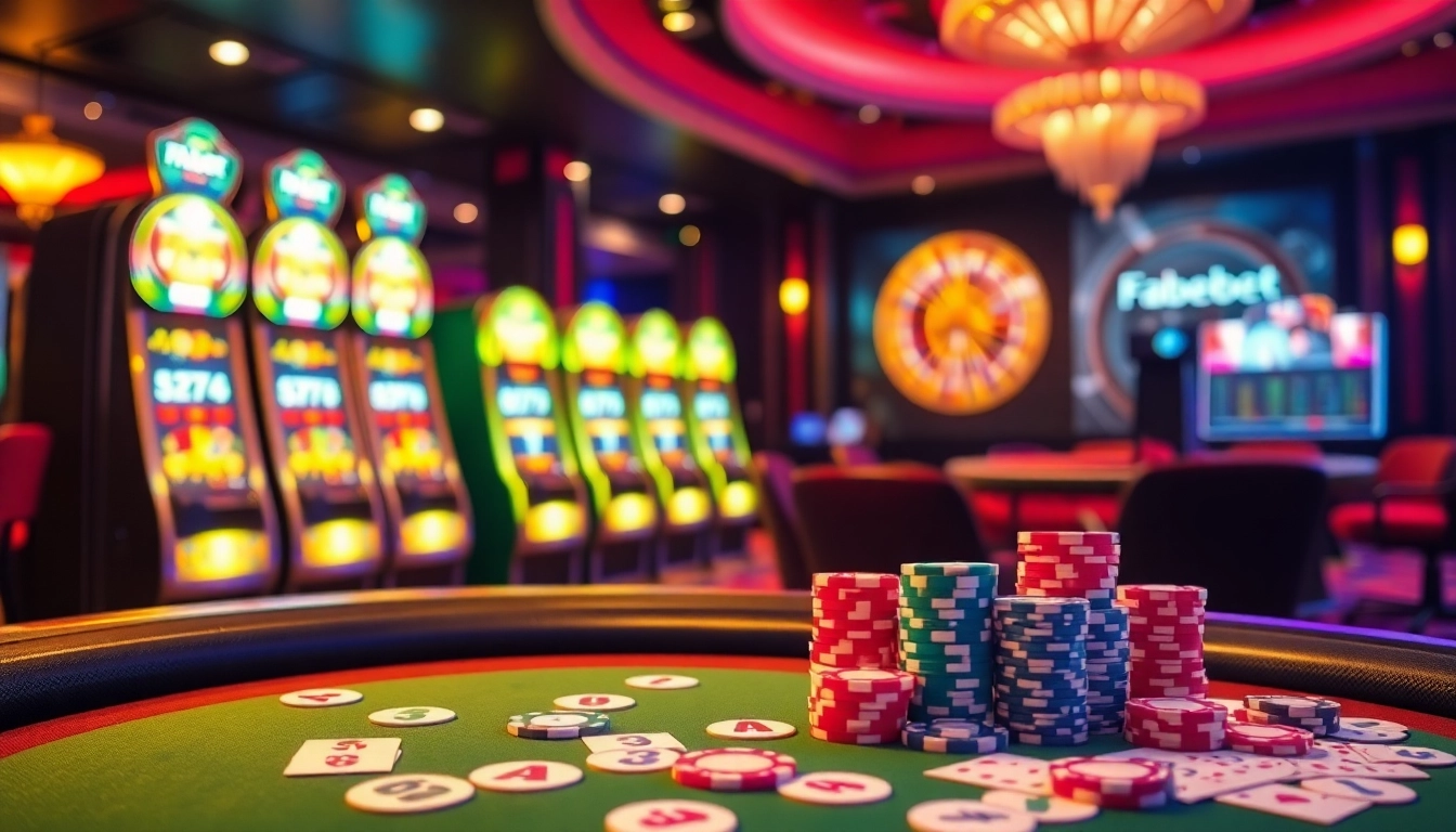 Fabet casino scene with poker chips and roulette wheel, illuminating the thrill of gambling.