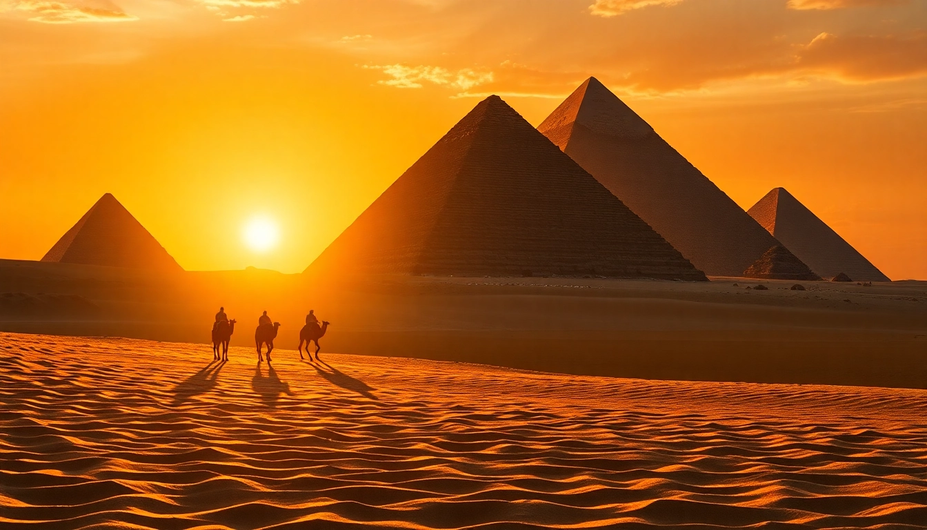 Capture the iconic Great Pyramids at sunset, showcasing https://piraminds.com/ historical beauty.