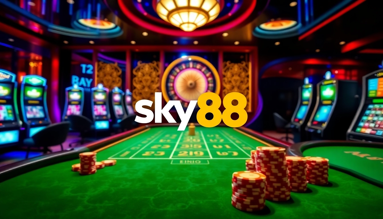 Experience the excitement of Sky88 with vibrant casino games including slots and poker.