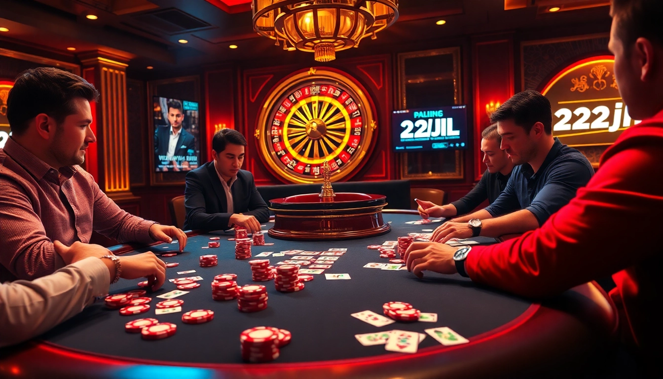 Experience high-stakes gaming at 22jl with vibrant poker chips in an exciting casino atmosphere.