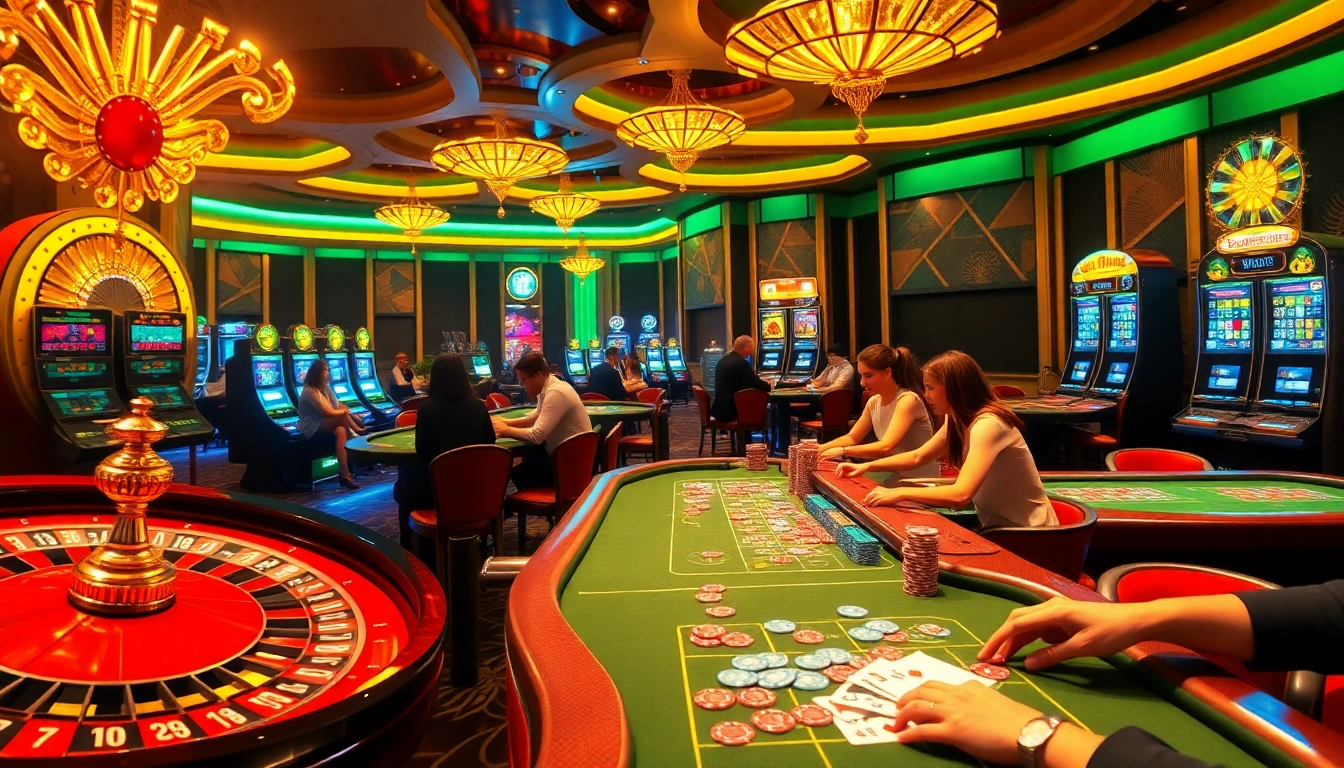 Vivez le frisson des meilleurs casinos en ligne dans une scène de casino luxueuse, avec des roulettes colorées et vibrantes.