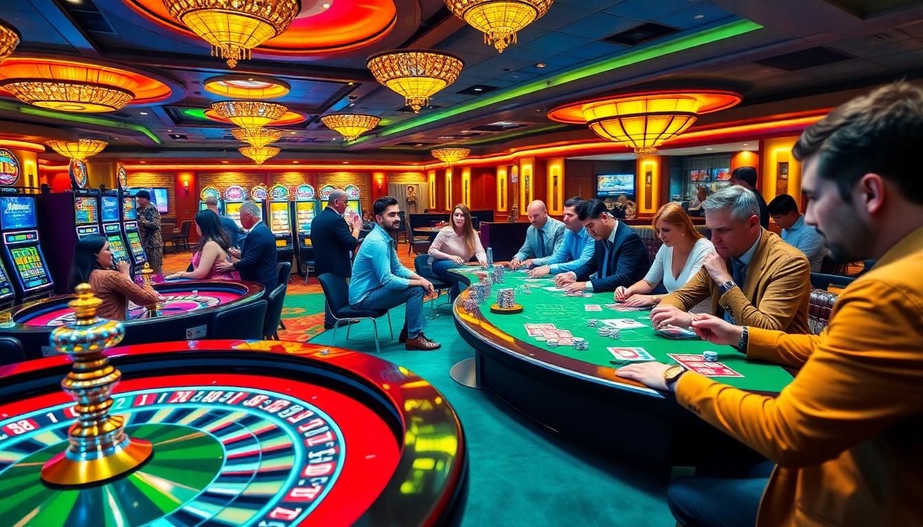Enjoying exciting games at Fsbet's luxury casino with vibrant tables and engaging players.