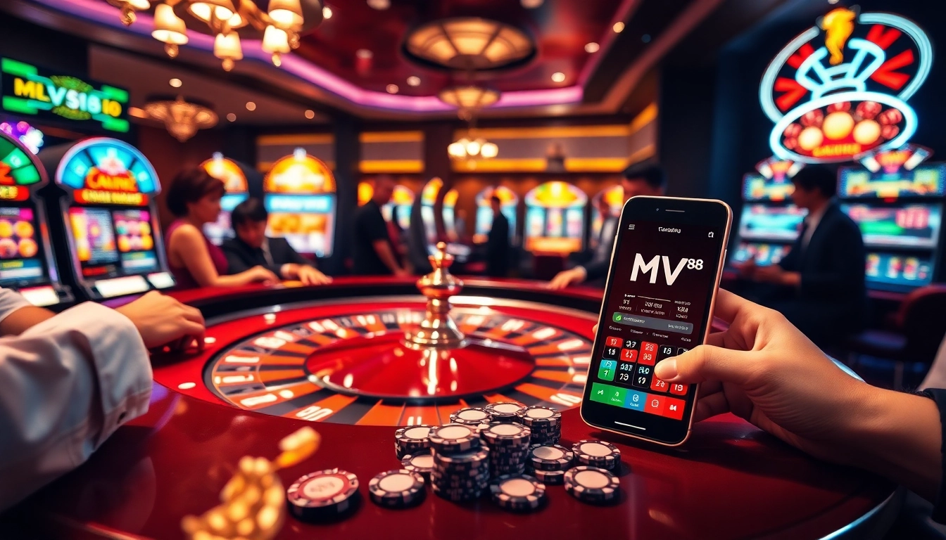 Engaged gamblers experience the thrill of mv88 at a luxurious casino with roulette and vibrant slot machines.
