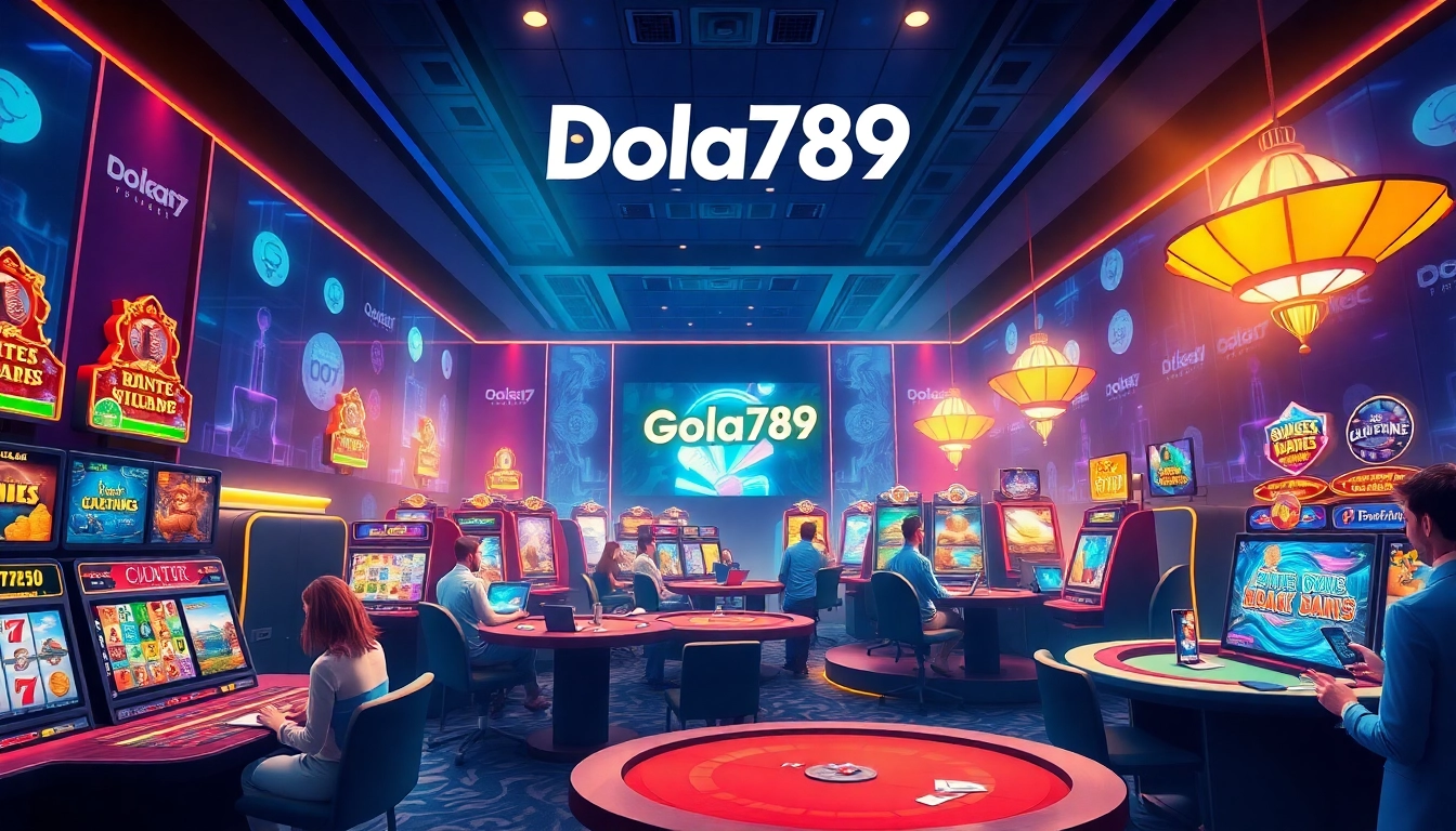 Dola789 online gaming scene with vibrant casino games and excited players.