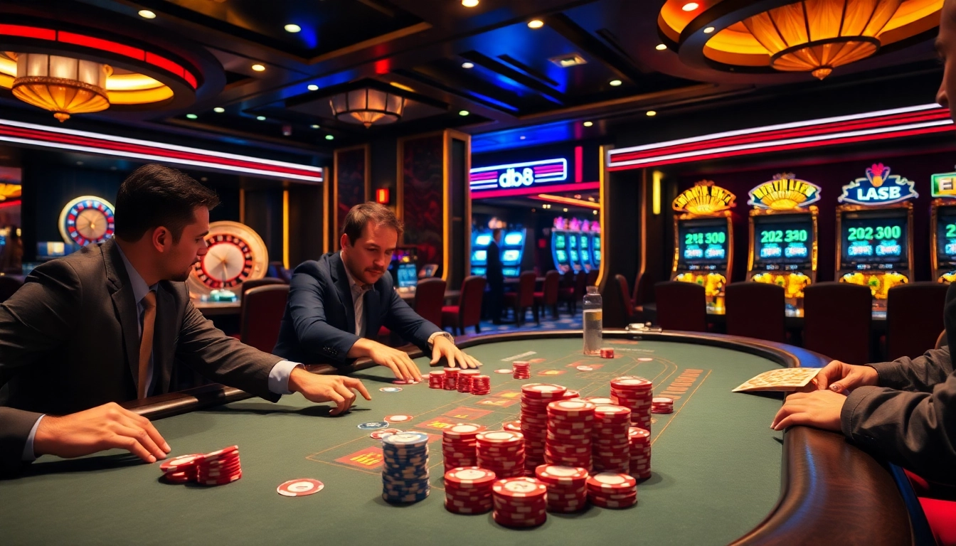 Poker players strategizing at a vibrant table while showcasing https://dn88.bio/ casino excitement and elegance.