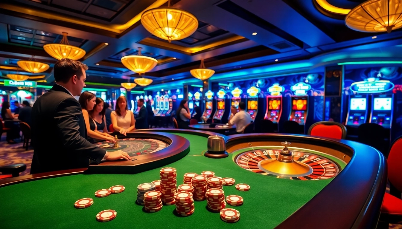 Exciting scene showcasing meilleurs casino en ligne with poker chips, blackjack tables, and vibrant slot machines.
