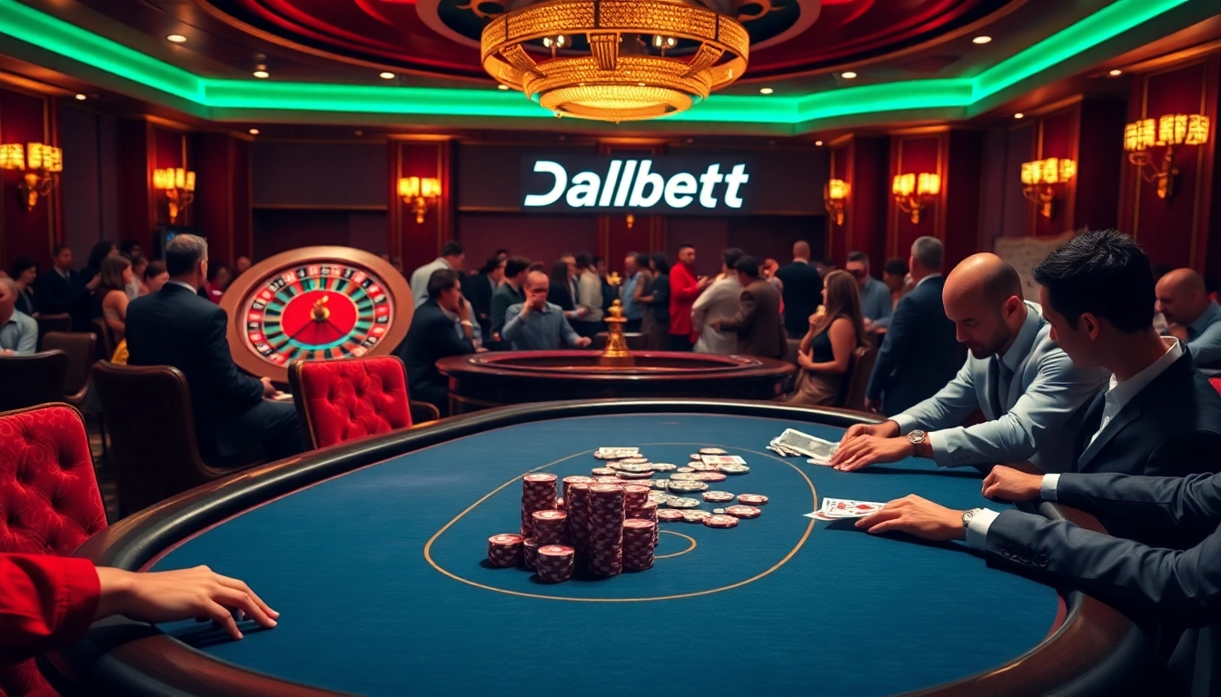Dabet players enjoying a thrilling poker game in a luxurious casino setting.