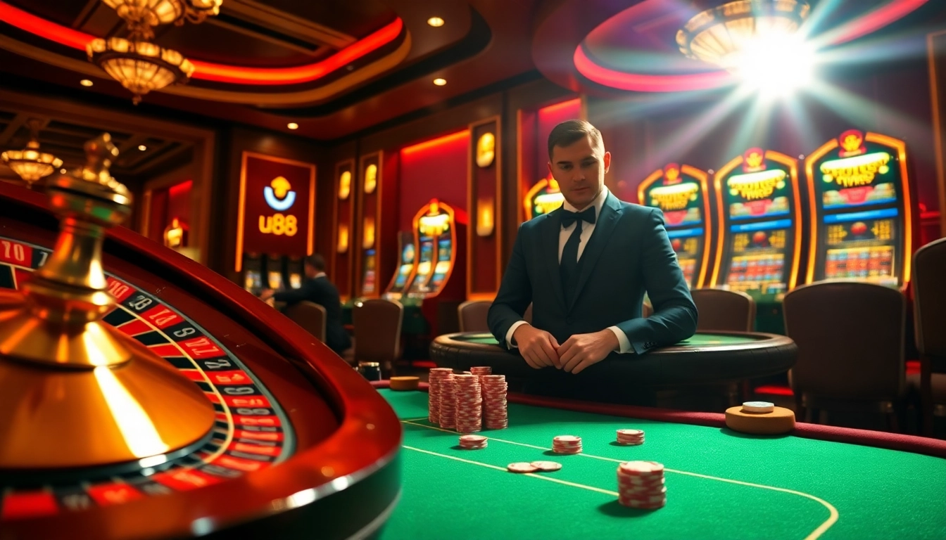 Experience thrilling gameplay at uu88 with vibrant poker chips and a captivating roulette wheel.