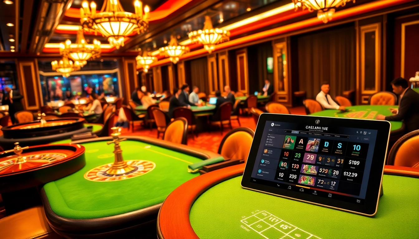 A lively casino en ligne argent réel scene showcasing players at blackjack tables and an online gaming interface.